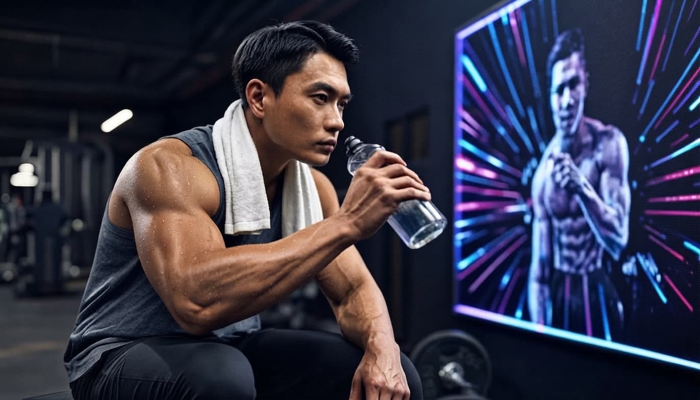 Athlete resting between sets, attention locked on a glowing screen