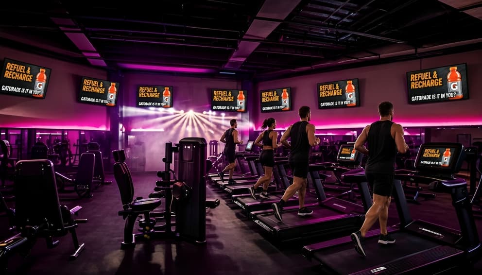 Wide shot of a partner gym floor with a large BetterScreenTV LED screen glowing