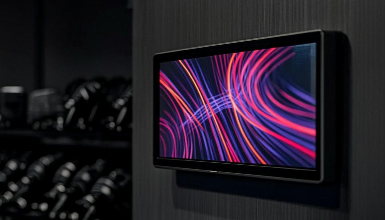 Close-up of a BetterScreenTV screen playing a neon-charged ad